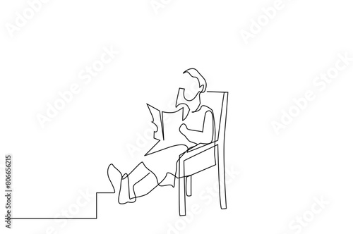 old woman home relax armchair reading a book one line art design vector