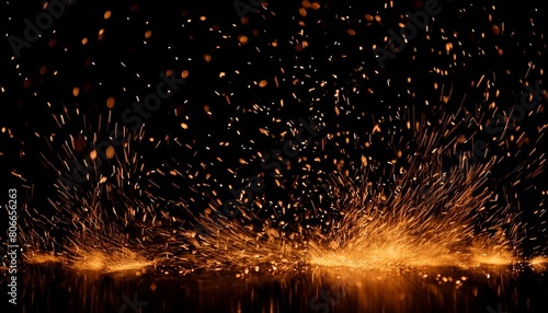 Fire embers particles over black background. A close-up shot of fiery sparks in motion, fire light background photo