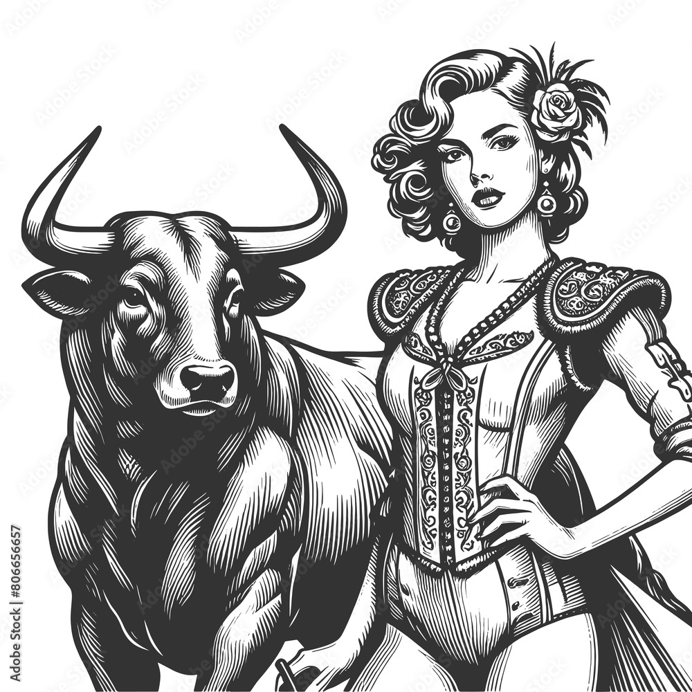 Fototapeta premium Matador Bullfighter Spanish woman in traditional attire beauty with bull sketch engraving generative ai fictional character raster illustration. Scratch board imitation. Black and white image.