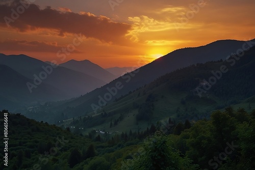 sunset over meadow and mountain