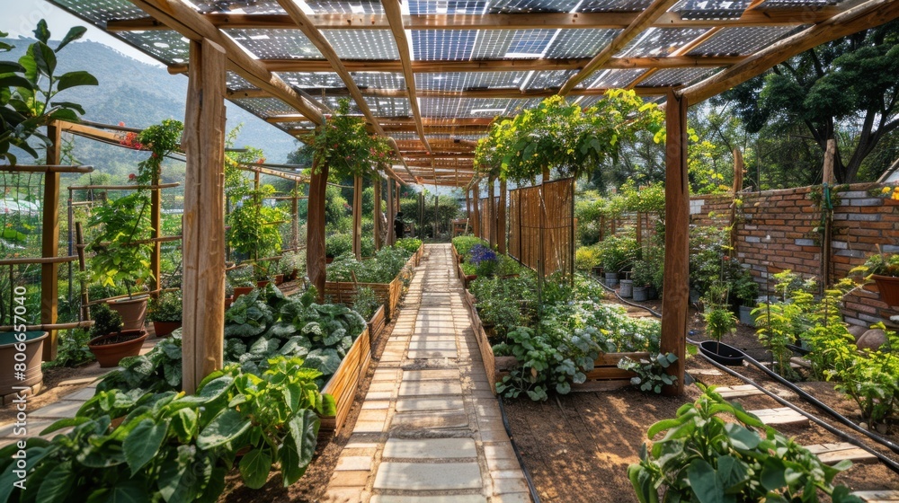 A community garden thriving beneath the shade of a canopy made from recycled solar tiles, promoting sustainability at the grassroots level.
