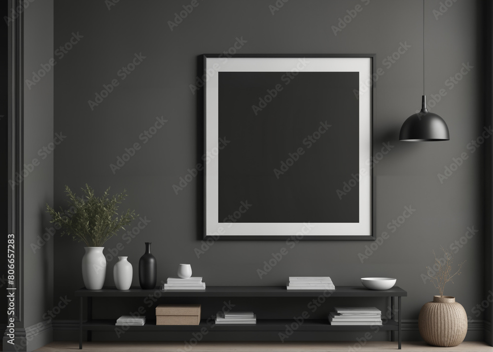 Modern black living room interior with a blank poster on the wall, plants, and furniture on a concrete background, mockup Modern black living room interior with a blank poster on the wall, plants, and furniture on a concrete background, mockup