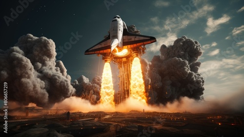 Spaceship rocket take off into the galaxy smoke and fire flames © Saim Art