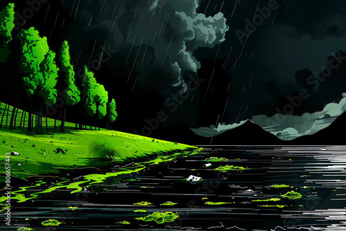 A dramatic illustration capturing the intensity of a stormy night in the countryside with rain-soaked winding paths and trees photo
