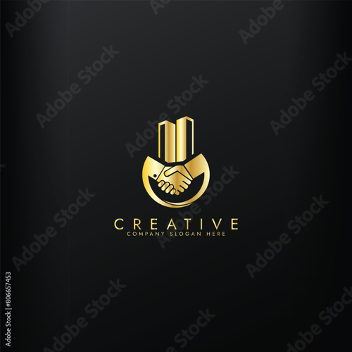 Property business golden logo with handshake vector
