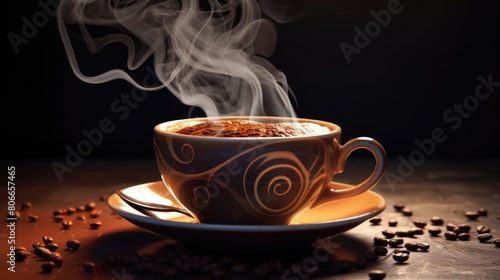 Hot Coffee in cup on plate on wooden table with seeds dark view