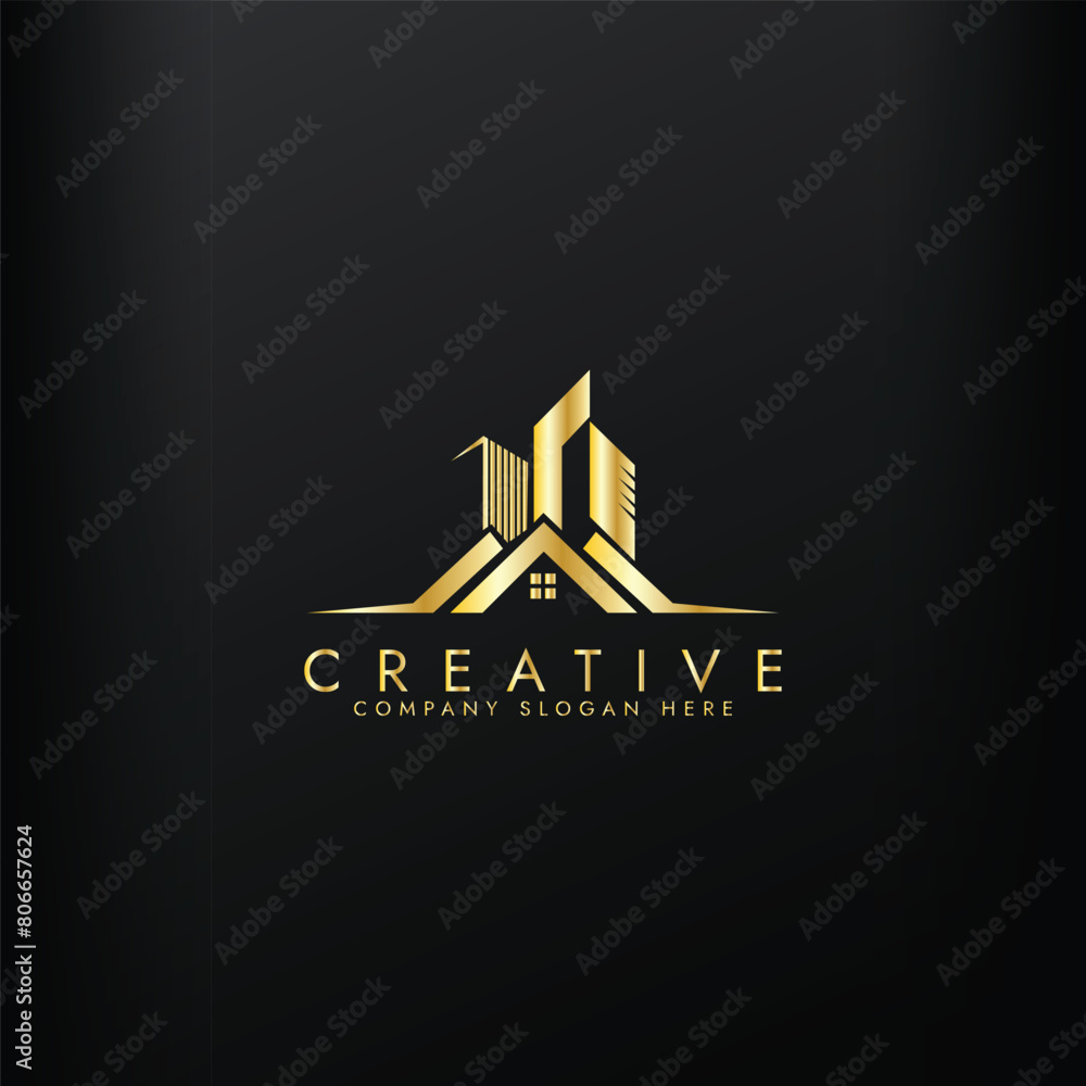 Fototapeta premium Property business golden logo. tower real estate logo template. Luxury elegant template design vector