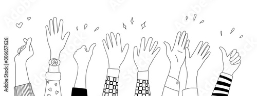 Doodle sketch hands up gestures comic icons silhouettes vector set. Group of line art fun comic hands in the air. Voting or happy congratulation audience recognition symbols.