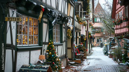 copy space, stockphoto, charming little german village with timber framing shops, decorated for christmas, winter time. Cozy travel destination during Christmas time. Christmas card, invitation card. photo