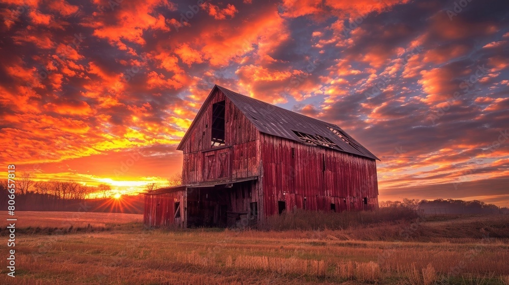 Colorful sunset over historic barn