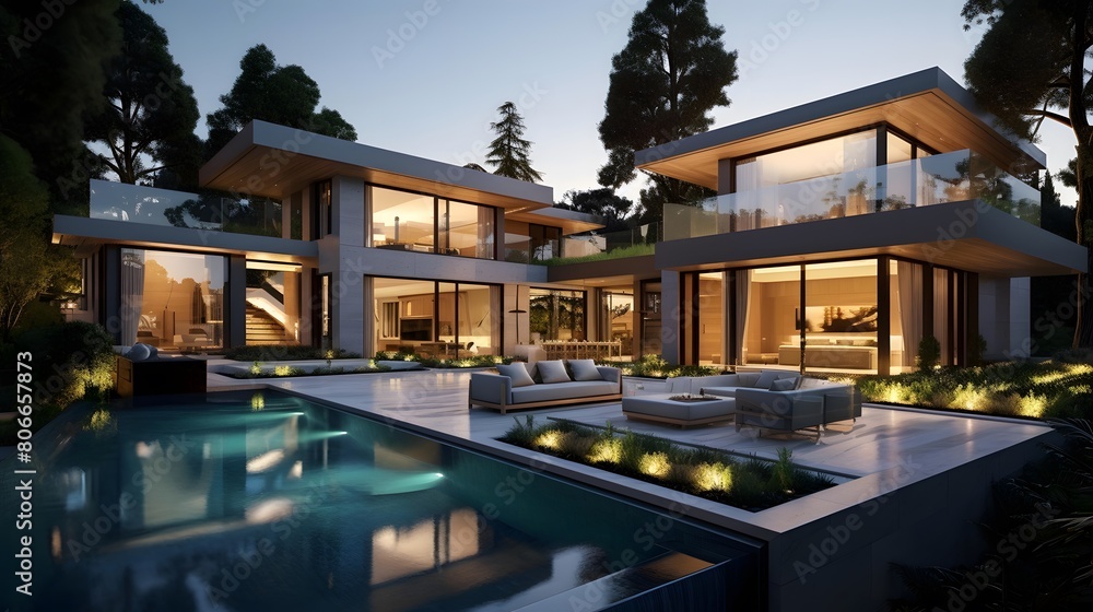 3d rendering of modern cozy house with pool and parking for sale or rent in luxurious style and beautiful landscaping on background. Clear summer night with many stars on the sky.