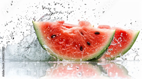 watermelon slices and Water is splashing around the watermelon slices