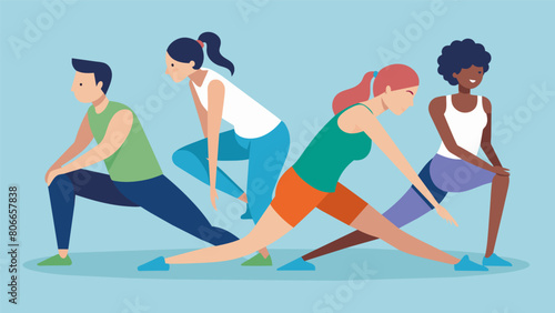 A group stretching session focused on loosening tight muscles and promoting proper body alignment for improved posture.. Vector illustration