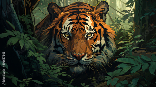 A vector image of a tiger in a dense forest.