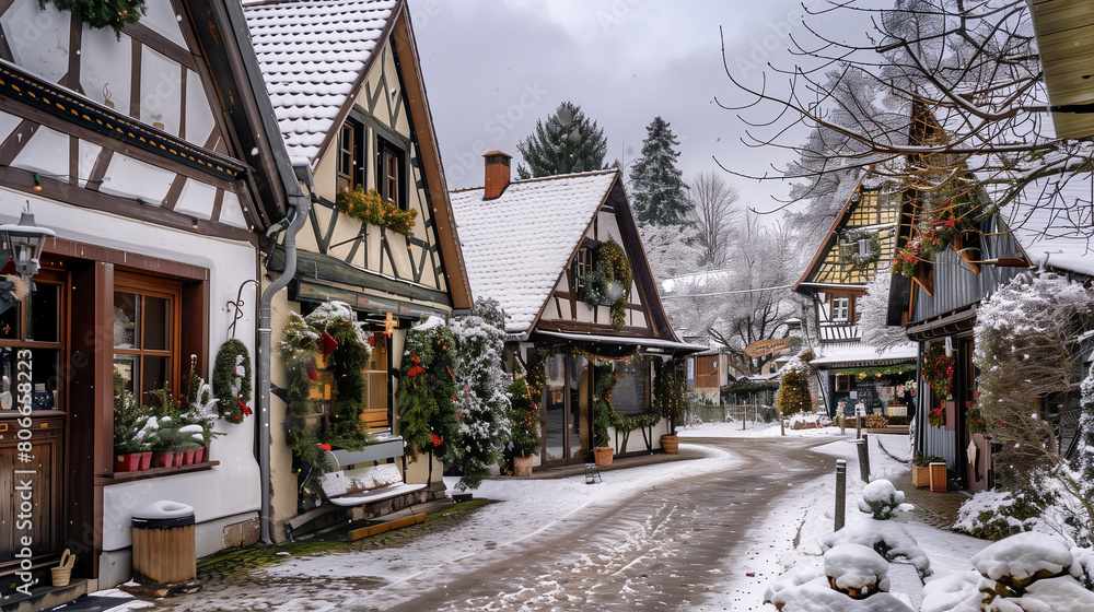 copy space, stockphoto, charming little german village with timber framing shops, decorated for christmas, winter time. Cozy travel destination during Christmas time. Christmas card, invitation card.
