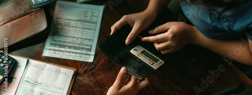 Cropped view of businessman holding empty wallet near coins on petitions for bankruptcy on table photo