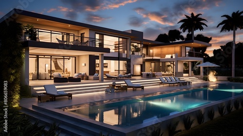 Modern Luxury House with Pool and Terrace at Sunset - Panorama