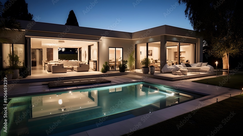 Luxury modern house with swimming pool at night. Panorama