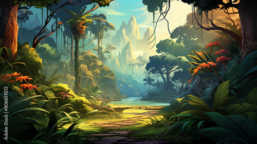 A vector image of a tropical rainforest scene.