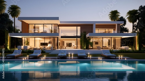 Luxury house with swimming pool at night. Luxury house with swimming pool in the evening. © Michelle