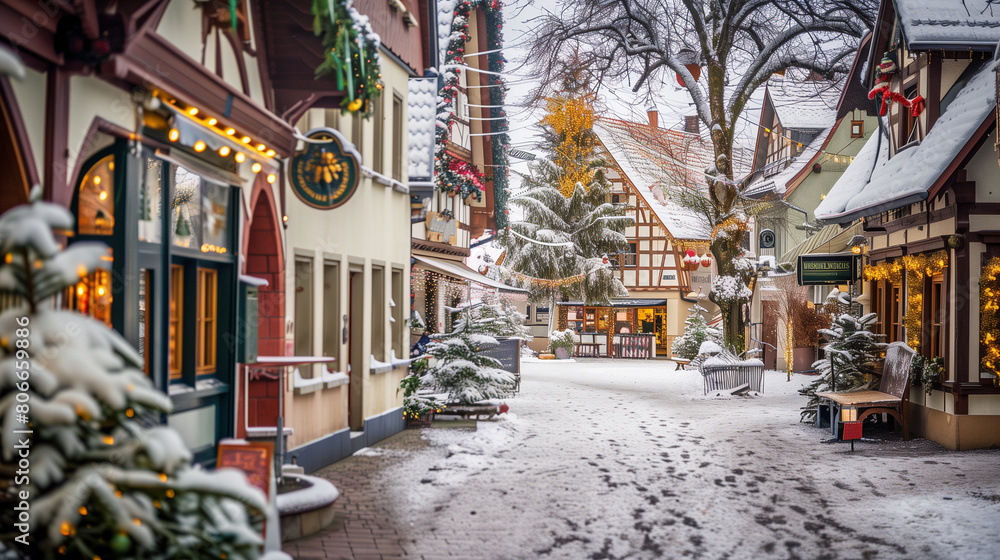 Fototapeta premium copy space, stockphoto, charming little german village with timber framing shops, decorated for christmas, winter time. Cozy travel destination during Christmas time. Christmas card, invitation card.