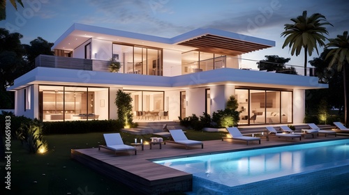 Luxury modern house with swimming pool at night. Nobody inside © Michelle