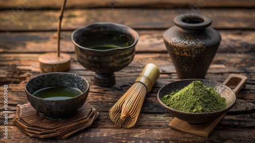 A matcha tea set is displayed on a wooden table. The set includes a ceramic bowl  a bamboo whisk  and a small ceramic container of matcha powder.