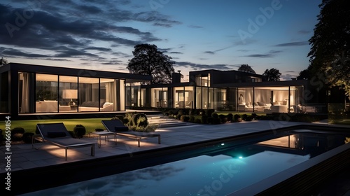 Panorama of a modern luxury villa with swimming pool at night