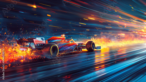 Illustration of  race car . Formula 1 bolid on racing track. Dynamic scene of speedway. Multicolour reflection.  F1 grand prix race