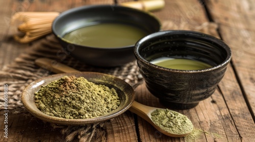 Two dark bowls sit on a wooden table. One bowl is filled with a green liquid, the other is filled with a green powder.