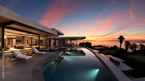 Panorama of Luxury villa with swimming pool and beach at sunset © Michelle