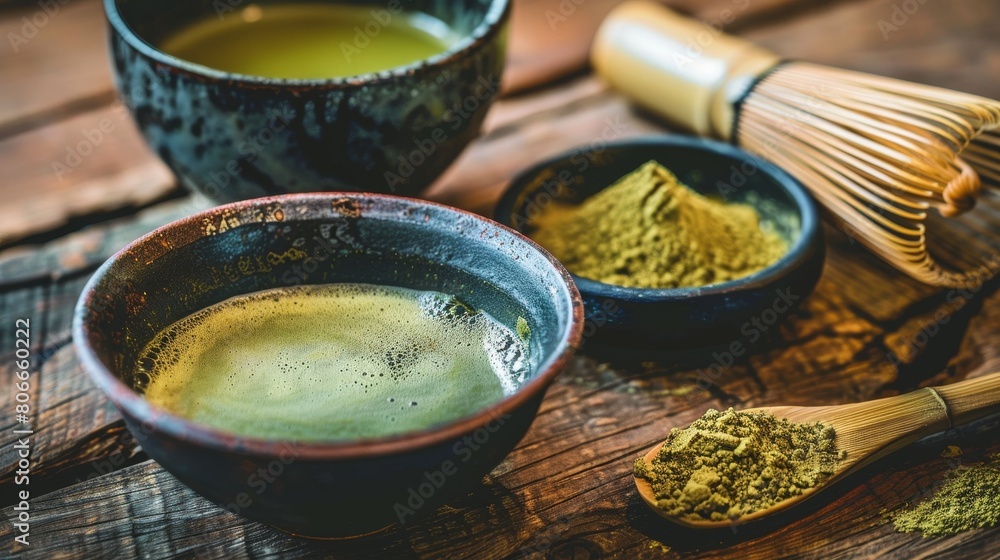 A wooden table with two bowls of matcha tea, one full and one empty, and a bamboo whisk. A wooden table with two bowls of matcha tea, one full and one empty, and a bamboo whisk.