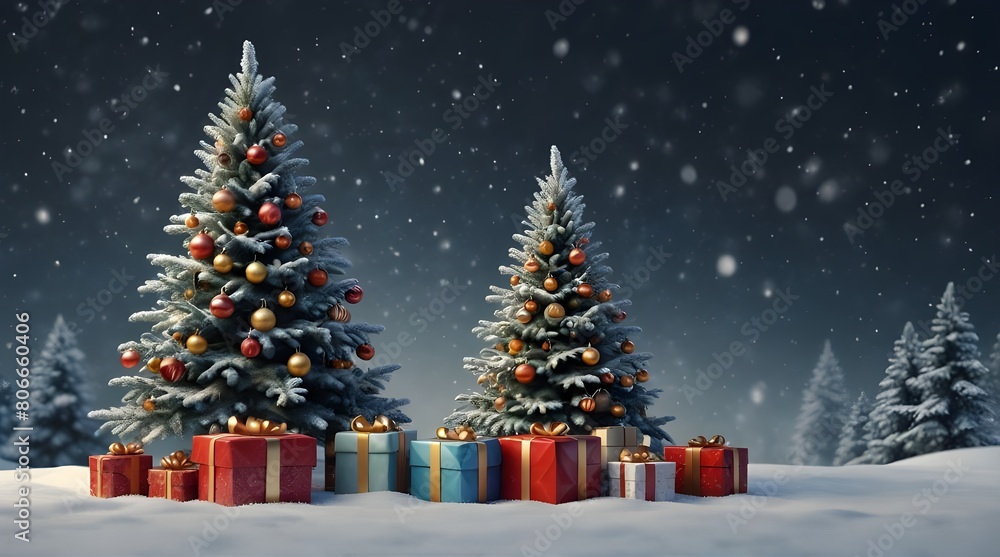 A snowy christmas tree and presents with snowy background