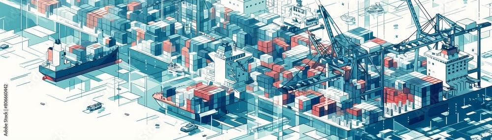 Port logistics isometric illustration with cranes unloading cargo containers from a ship, dynamic line work Port logistics isometric illustration with cranes unloading cargo containers from a ship, dynamic line work