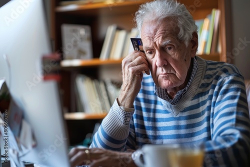 Focused mature retired man holding bank credit card, entering payment information in mobile shopping application, purchasing goods or services in online store, old people and modern tech concept