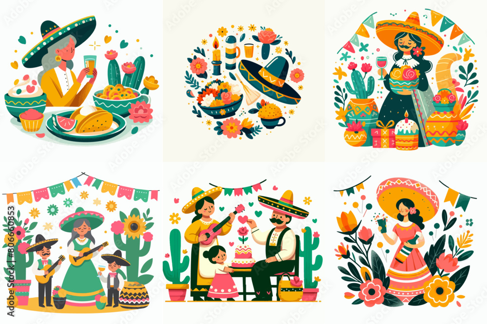 Cinco de mayo illustration design. traditional Mexican symbols skull, Mexican guitar, flowers, red pepper