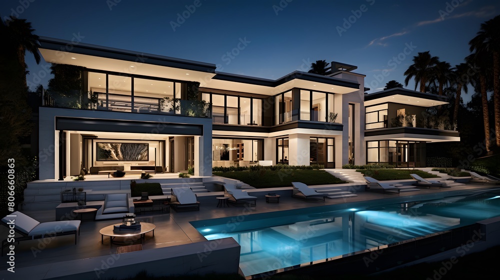 3d rendering of modern cozy house in the garden with pool and parking for sale or rent. Clear summer night with many stars on the sky. Cozy warm light from window.