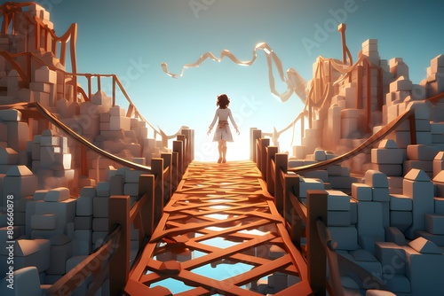 girl computer game character stands on a rope bridge to meet adventures, generated by AI; 3D illustration photo