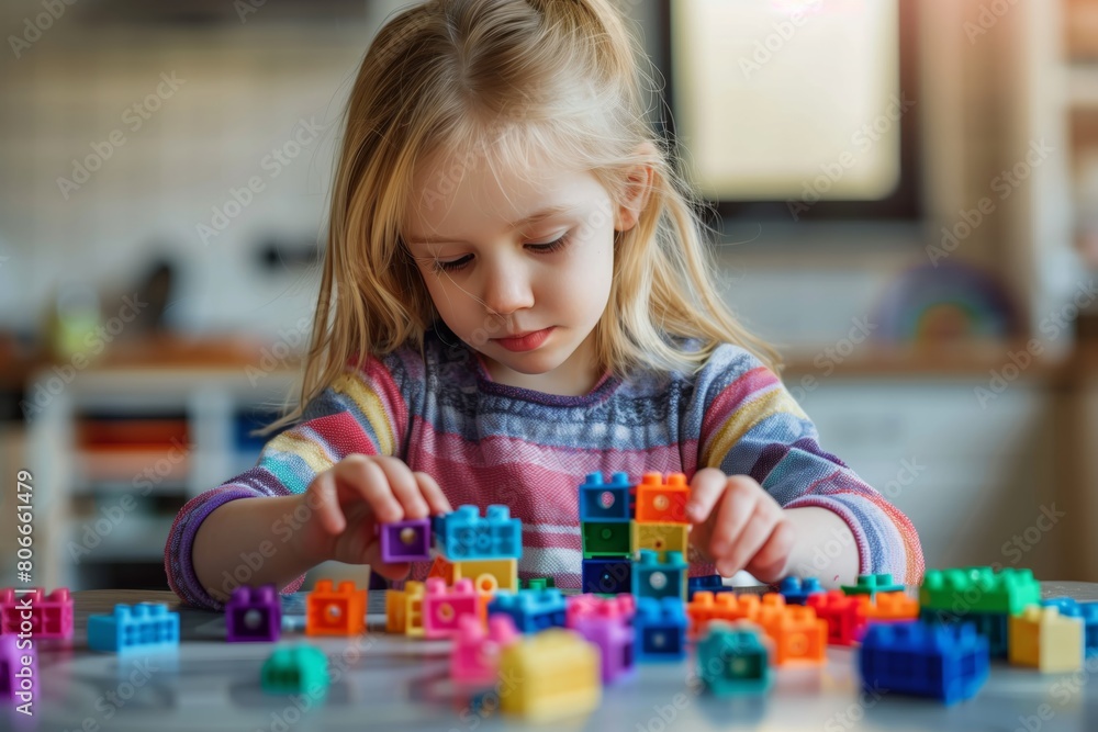 Focused toddler playing with colorful building blocks Focused toddler playing with colorful building blocks