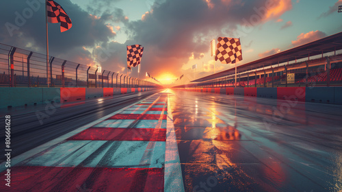 Race track with two large checkered flags icons of motor sport under a sunset sky. Formula 1 racing track. Multicolour reflection.  F1 grand  prix race photo