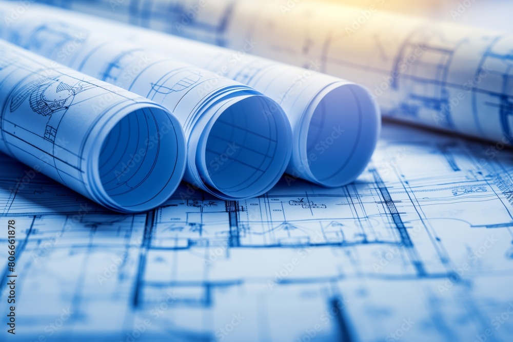 Photo of rolled and laid out architectural blueprints with detailed construction plans Photo of rolled and laid out architectural blueprints with detailed construction plans