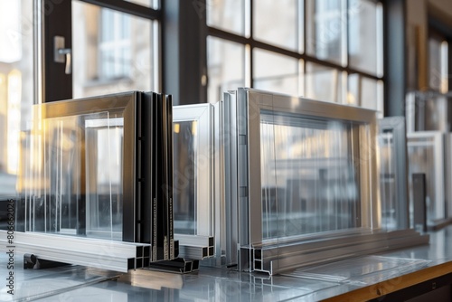 Discover a stunning showcase of modern window frames and glass panes at our showroom, featuring a wide assortment of samples in aluminum, pvc, and double glazing photo