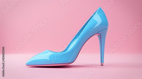 A blue high heel stiletto shoe on a pink background