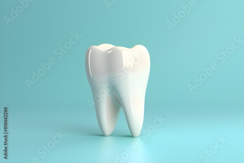 Model of a white human tooth on a blue background, generated by AI