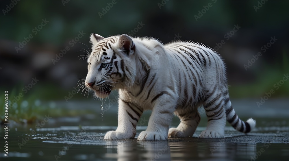 Obraz premium white tiger cub playfully pawing at water droplets cre 