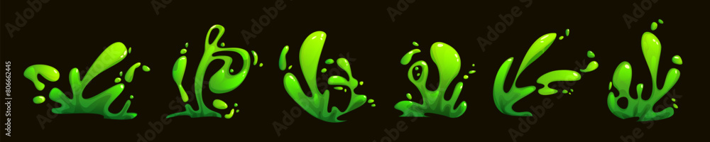 Green toxic liquid splash. Cartoon vector illustration set of slime ...