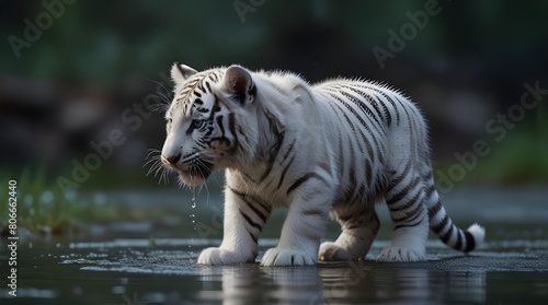 white tiger cub playfully pawing at water droplets cre 