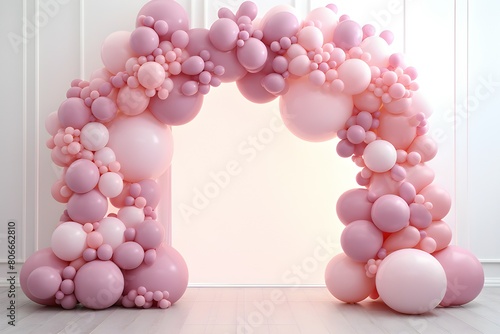 close-up of a round photo zone with pink balloons at a birthday party in a restaurant, generated by AI, 3D illustration