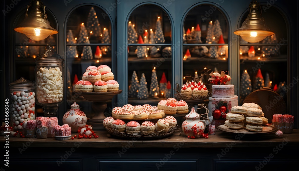 Christmas sweets in a shop window. Selective focus. Holiday.