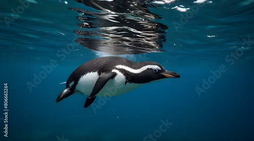 Penguin swimming underwater in blue water photo